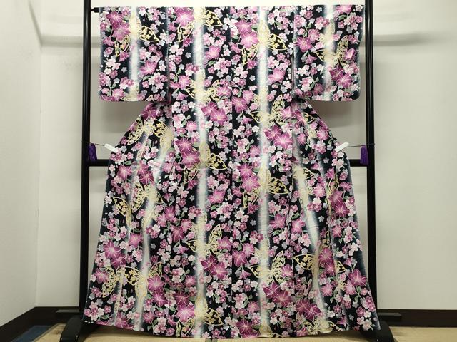平和屋着物∴夏物　浴衣　舞蝶桜間道　黒地　綿　逸品　CABG4145gh