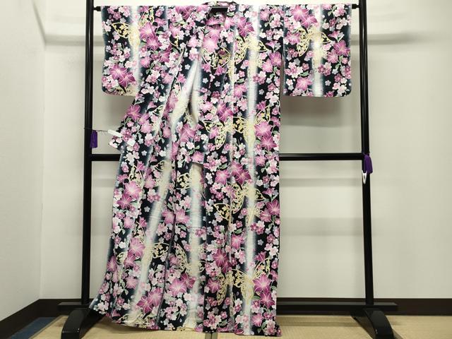 平和屋着物∴夏物　浴衣　舞蝶桜間道　黒地　綿　逸品　CABG4145gh