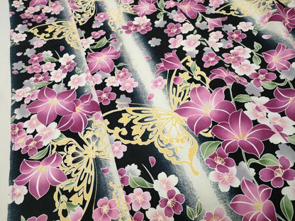 平和屋着物∴夏物　浴衣　舞蝶桜間道　黒地　綿　逸品　CABG4145gh