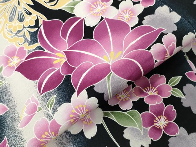 平和屋着物∴夏物　浴衣　舞蝶桜間道　黒地　綿　逸品　CABG4145gh