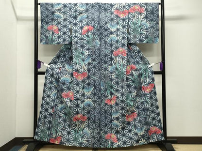 平和屋着物∴夏物 浴衣 麻の葉草花文 綿 逸品 CABG4161gh