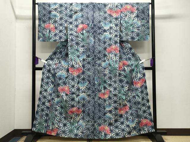 平和屋着物∴夏物 浴衣 麻の葉草花文 綿 逸品 CABG4161gh