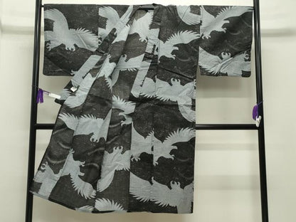 平和屋着物∴夏物　男性　浴衣　鷹　黒地　綿　逸品　CABG4165gh