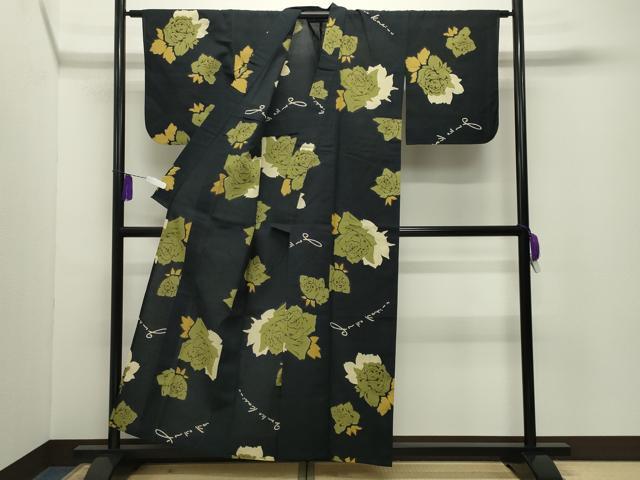 平和屋着物∴夏物　ファッションデザイナー　コシノジュンコ　浴衣　薔薇　黒地　綿　逸品　CABG4172gh
