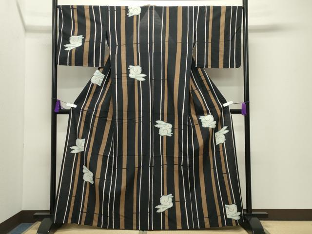 平和屋着物∴夏物 tsumori chisato 浴衣 訪問着 兎 縞 黒地 綿 逸品 CABG4174gh