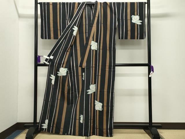 平和屋着物∴夏物 tsumori chisato 浴衣 訪問着 兎 縞 黒地 綿 逸品 CABG4174gh