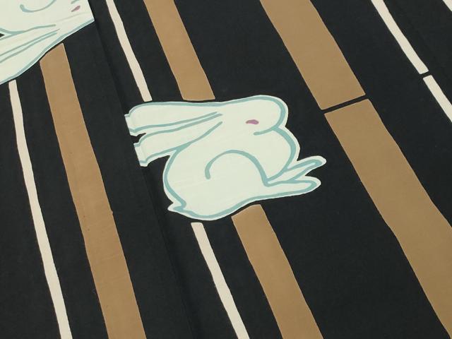 平和屋着物∴夏物 tsumori chisato 浴衣 訪問着 兎 縞 黒地 綿 逸品 CABG4174gh
