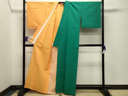平和屋着物∴夏物 浴衣・小紋兼用 片身替わり 常磐緑色×金茶色 綿 逸品 CABG4182gh
