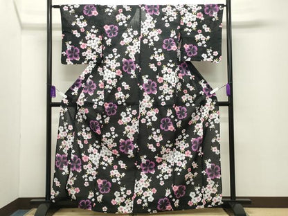平和屋着物∴夏物 浴衣 舞桜文 黒地 綿 逸品 CABG4184gh