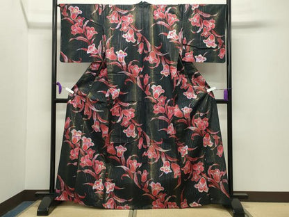 平和屋着物∴夏物 浴衣 草花文 黒地 金銀彩 綿 逸品 CABG4186gh