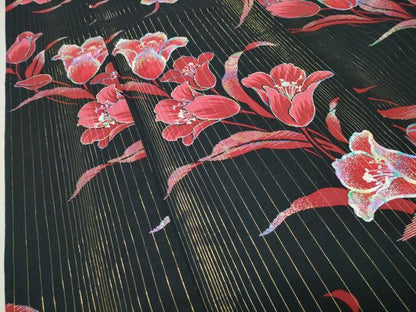 平和屋着物∴夏物 浴衣 草花文 黒地 金銀彩 綿 逸品 CABG4186gh