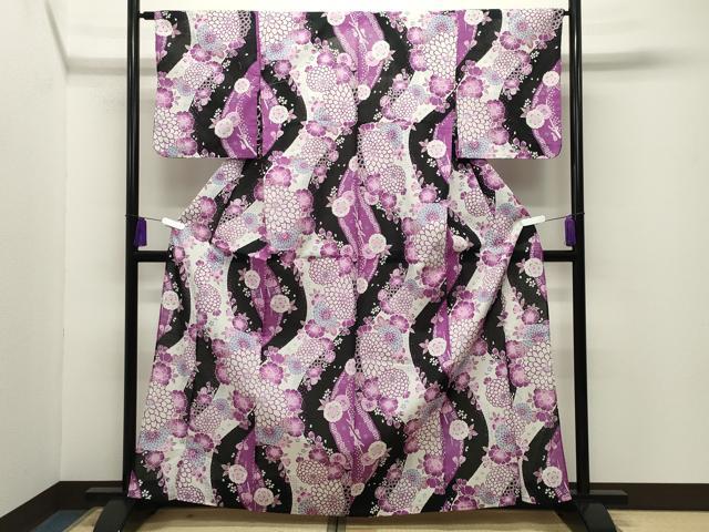 平和屋着物∴夏物 浴衣 舞花文 黒地 綿 逸品 CABG4188gh