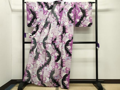 平和屋着物∴夏物 浴衣 舞花文 黒地 綿 逸品 CABG4188gh