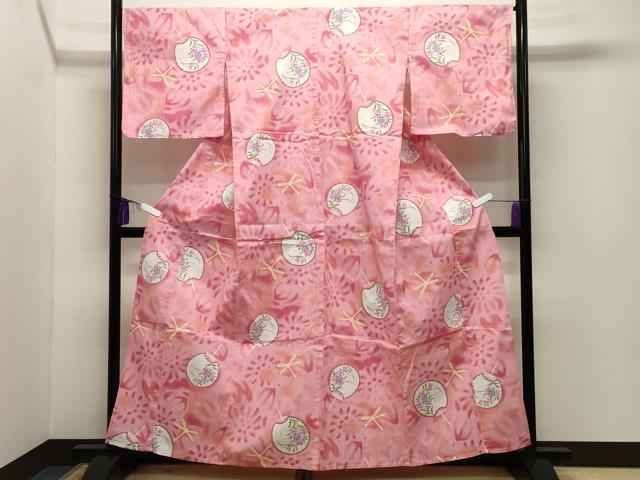 平和屋着物∴夏物　浴衣　トンボ　団扇花文　綿　逸品　CABG4189gh