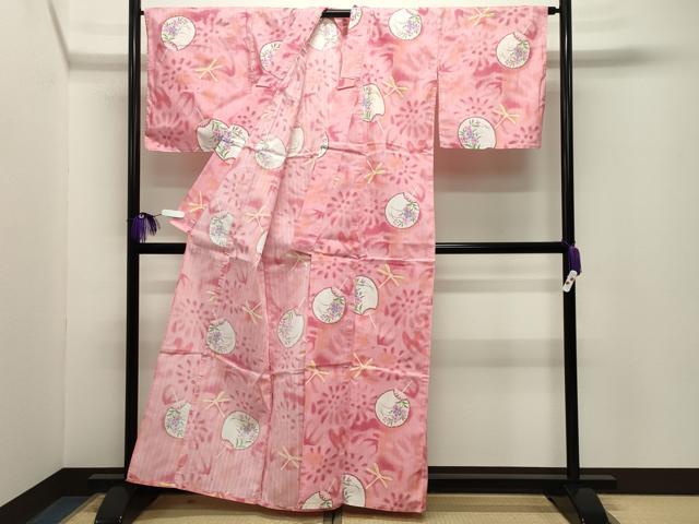 平和屋着物∴夏物　浴衣　トンボ　団扇花文　綿　逸品　CABG4189gh