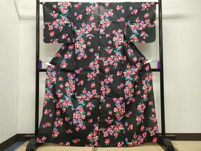 平和屋着物∴夏物　浴衣　草花文　黒地　綿　逸品　CABG4193gh
