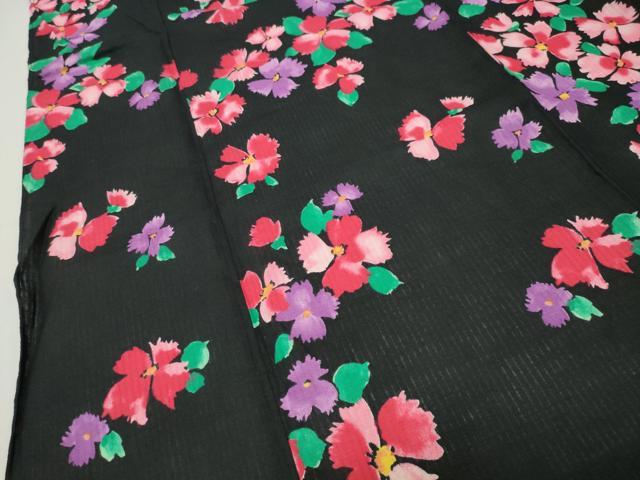 平和屋着物∴夏物　浴衣　草花文　黒地　綿　逸品　CABG4193gh