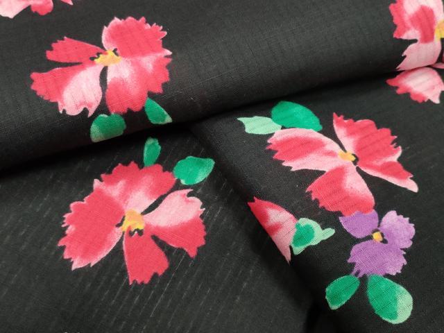 平和屋着物∴夏物　浴衣　草花文　黒地　綿　逸品　CABG4193gh