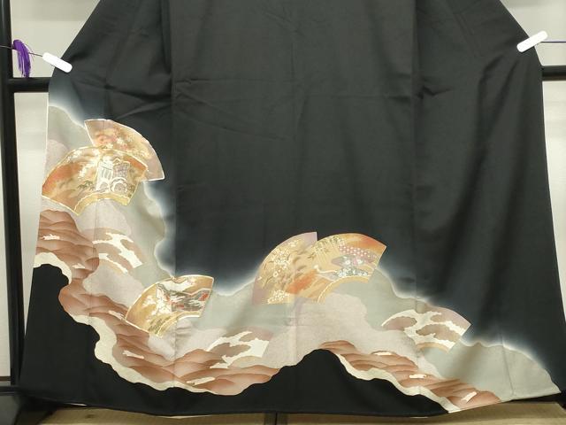 平和屋着物■豪華黒留袖　駒刺繍　地紙重ね御所車花文　暈し染め　金彩　正絹　逸品　CABG4257gh