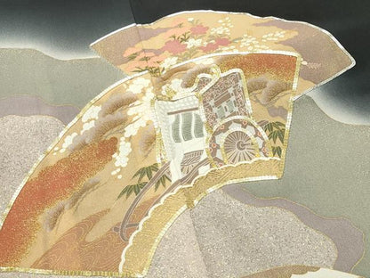 平和屋着物■豪華黒留袖　駒刺繍　地紙重ね御所車花文　暈し染め　金彩　正絹　逸品　CABG4257gh