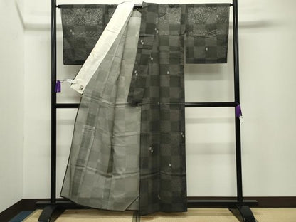 平和屋着物＊夏物　小紋　紗　市松吉祥文　黒地　正絹　逸品　CABG4270gh
