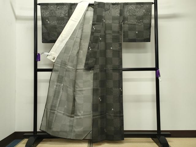 平和屋着物＊夏物　小紋　紗　市松吉祥文　黒地　正絹　逸品　CABG4270gh