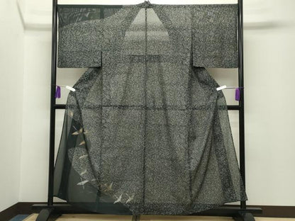 平和屋着物＊夏物　訪問着　絽　群鶴文　たたき染め　黒地　銀彩　洗える着物　CABG4271gh