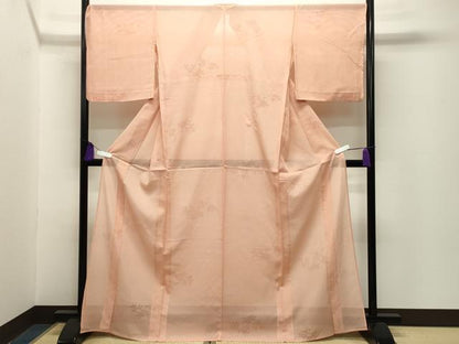 平和屋着物＊夏物　色無地　縦絽　枝花紋紗　淡香色　正絹　逸品　CABG4284gh