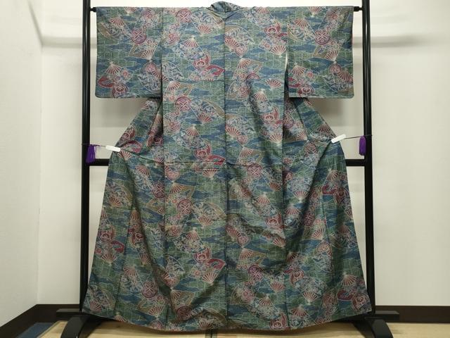 平和屋着物■本場大島紬 7マルキ 扇面花文 正絹 逸品 CABG4308gh