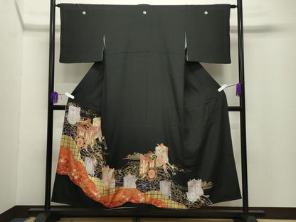 平和屋着物■豪華黒留袖　駒刺繍　流水御所車花文　金彩　正絹　逸品　CABG4332gh