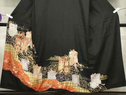平和屋着物■豪華黒留袖　駒刺繍　流水御所車花文　金彩　正絹　逸品　CABG4332gh