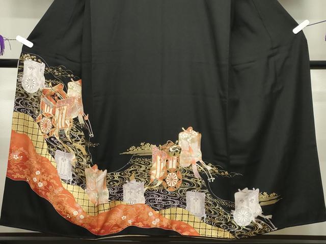 平和屋着物■豪華黒留袖　駒刺繍　流水御所車花文　金彩　正絹　逸品　CABG4332gh