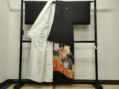 平和屋着物■豪華黒留袖　駒刺繍　流水御所車花文　金彩　正絹　逸品　CABG4332gh