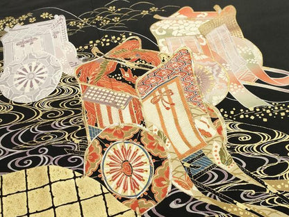 平和屋着物■豪華黒留袖　駒刺繍　流水御所車花文　金彩　正絹　逸品　CABG4332gh