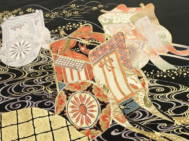 平和屋着物■豪華黒留袖　駒刺繍　流水御所車花文　金彩　正絹　逸品　CABG4332gh
