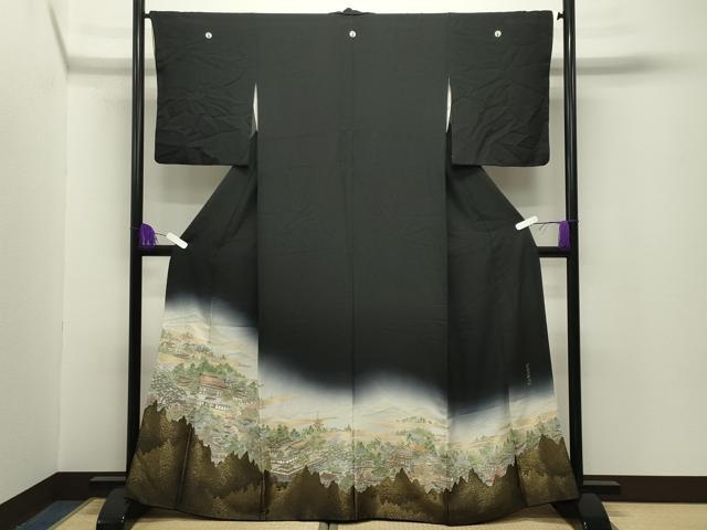 平和屋着物■豪華黒留袖 寿光織 京洛名勝図絵 暈し染め 金銀糸 正絹 逸品 CABG4333gh