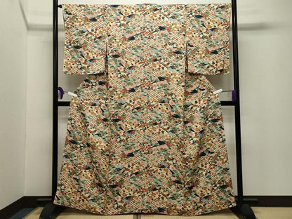 平和屋着物■上質な小紋　扇面梅笹花文　正絹　逸品　CABG4335gh
