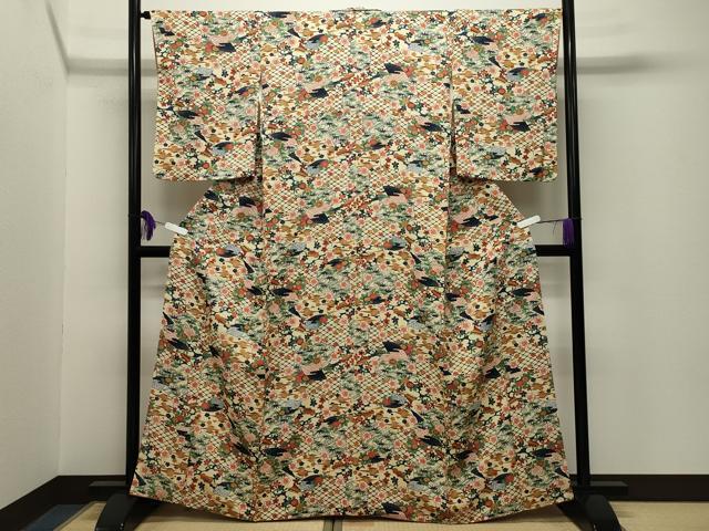 平和屋着物■上質な小紋　扇面梅笹花文　正絹　逸品　CABG4335gh