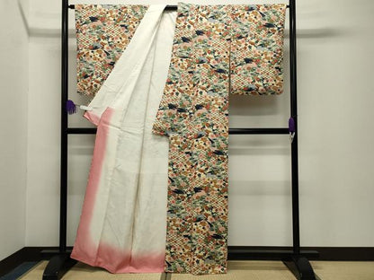 平和屋着物■上質な小紋　扇面梅笹花文　正絹　逸品　CABG4335gh