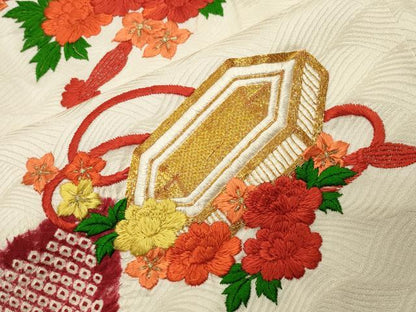 平和屋着物■豪華振袖　駒刺繍　絞り　貝桶花文　金糸　正絹　逸品　CABG4351gh