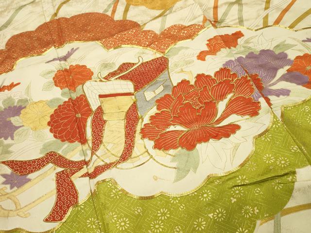 平和屋着物■豪華振袖　駒刺繍　雲重ね御所車花文　金彩　正絹　逸品　CABG4352gh