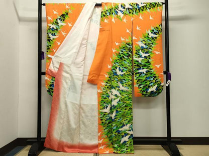 平和屋着物■豪華振袖　駒刺繍　群鶴文　金彩　正絹　逸品　CABG4353gh