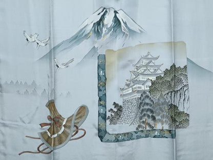 平和屋着物●男性　長襦袢　袷　手描き　飛鶴風景文　暈し染め　金彩　正絹　逸品　未使用　CABG4364gh