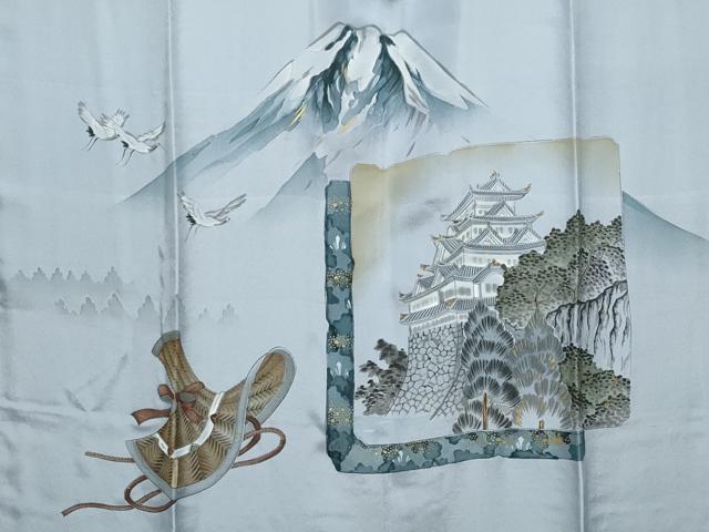 平和屋着物●男性　長襦袢　袷　手描き　飛鶴風景文　暈し染め　金彩　正絹　逸品　未使用　CABG4364gh