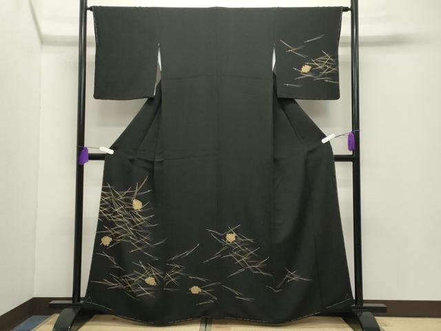 平和屋着物●訪問着　竹屋町刺繍　こぼれ松葉　松ぼっくり　黒地　金彩　鬼しぼ縮緬　正絹　逸品　未使用　CABG4379gh
