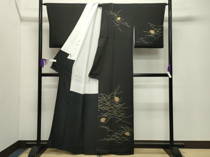 平和屋着物●訪問着　竹屋町刺繍　こぼれ松葉　松ぼっくり　黒地　金彩　鬼しぼ縮緬　正絹　逸品　未使用　CABG4379gh