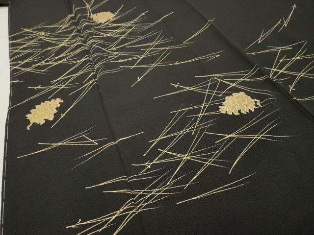 平和屋着物●訪問着　竹屋町刺繍　こぼれ松葉　松ぼっくり　黒地　金彩　鬼しぼ縮緬　正絹　逸品　未使用　CABG4379gh