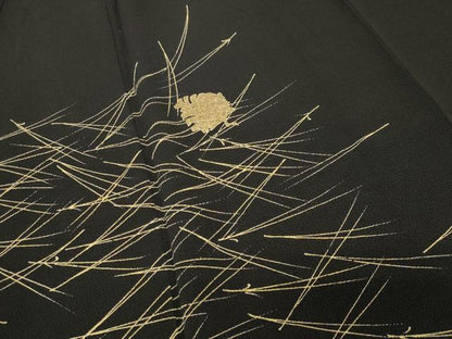 平和屋着物●訪問着　竹屋町刺繍　こぼれ松葉　松ぼっくり　黒地　金彩　鬼しぼ縮緬　正絹　逸品　未使用　CABG4379gh