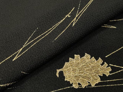 平和屋着物●訪問着　竹屋町刺繍　こぼれ松葉　松ぼっくり　黒地　金彩　鬼しぼ縮緬　正絹　逸品　未使用　CABG4379gh