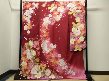 平和屋着物●豪華振袖　刺繍　舞桜花文　暈し染め　金彩　銀通し地　正絹　逸品　CABG4380gh